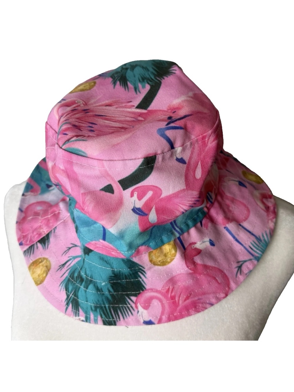 Adult Bucket Hat Pink Flamingo Tropical Palm Trees Beach Summer Sun Hat EUC